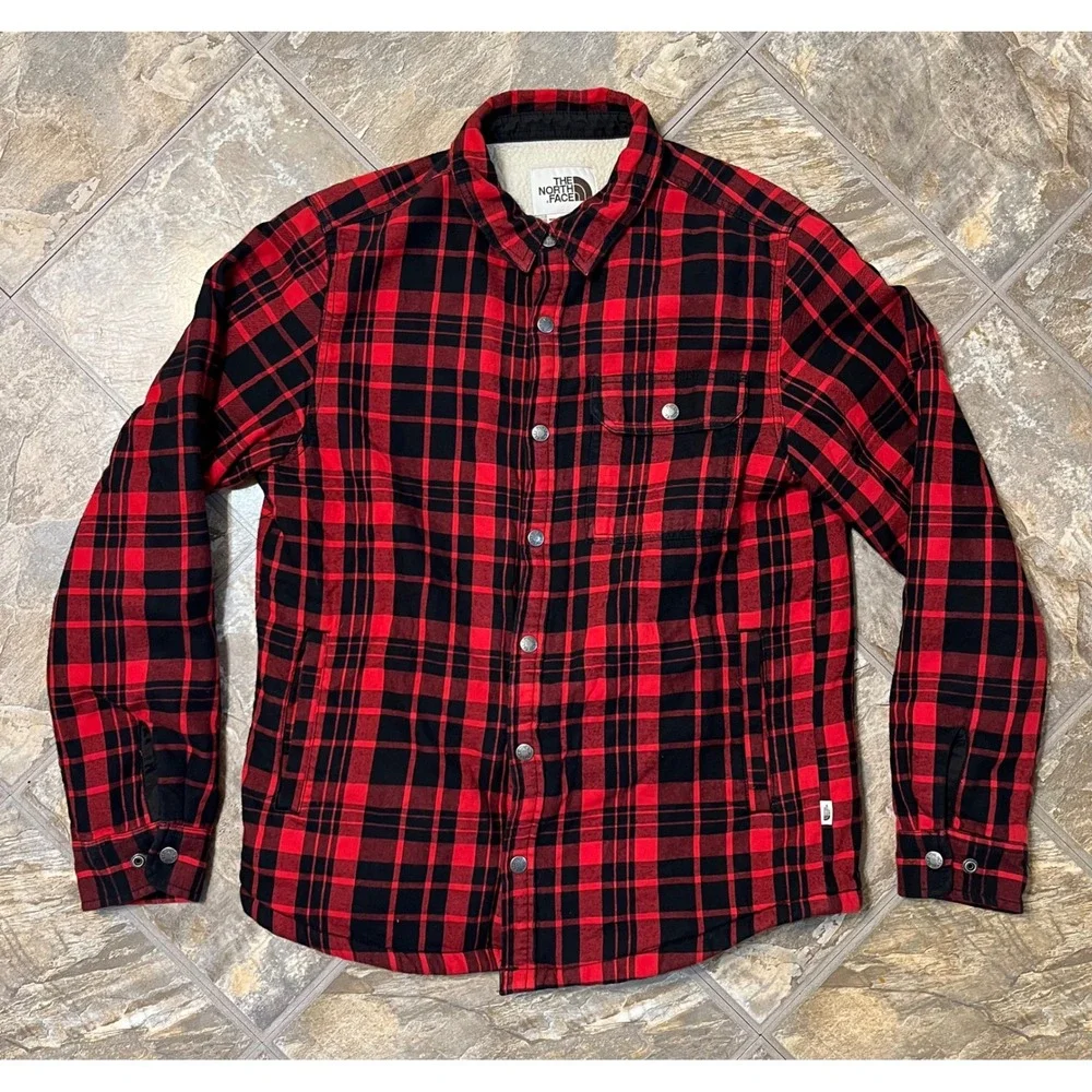The North Face Shirt Jacket Mens Medium Red Black Plaid Sherpa Flannel